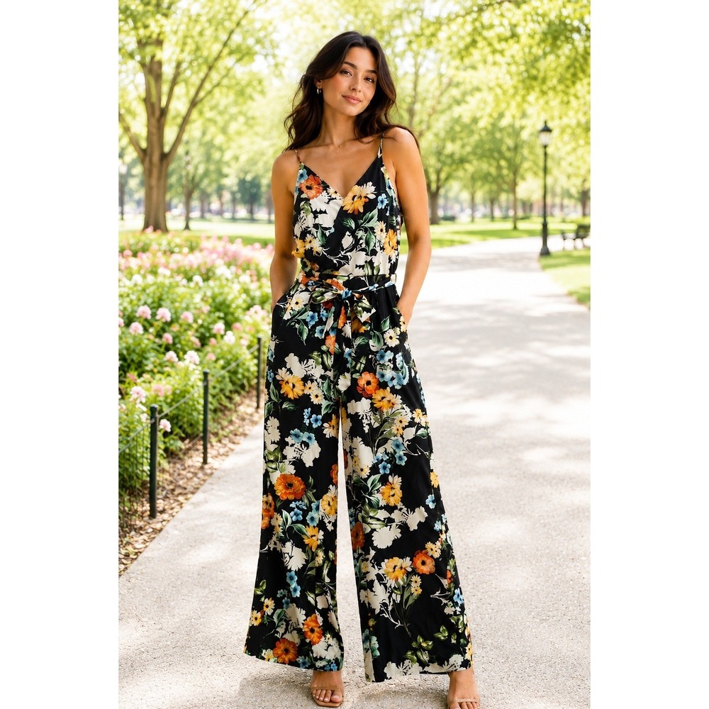 Yumi Kim Floral Jumpsuit Small Black Wide Leg Spaghetti Strap #1317 - Picture 9 of 9